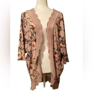 Justify Floral Kimono Cardigan Size L/XL Crocheted Trim